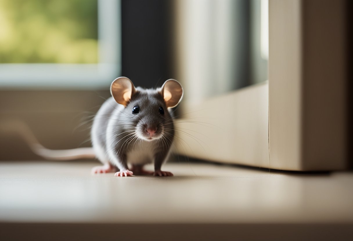 A mouse scurries through a cozy home, darting under furniture and peeking out from behind curtains