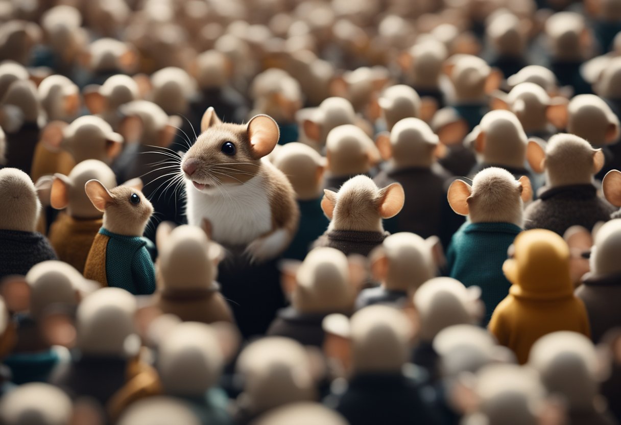 A small mouse with a curious expression surrounded by question marks and a crowd of curious onlookers