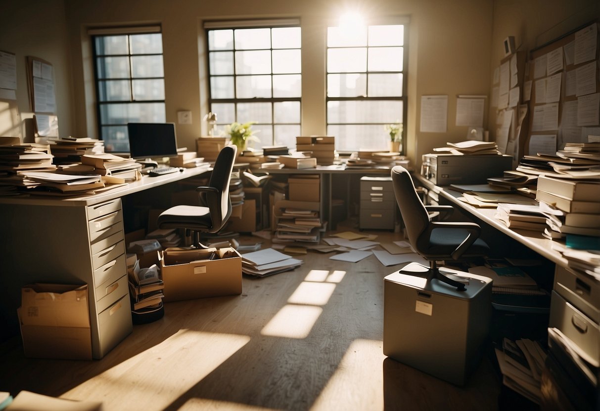 A cluttered office with used furniture: desks, chairs, and filing cabinets. Papers and office supplies scattered around. Sunlight streaming through the window