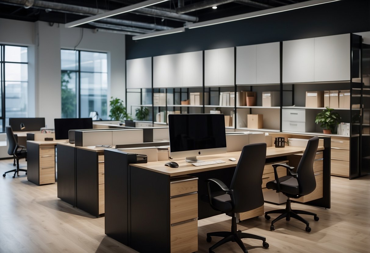 Office furniture arranged in a spacious showroom, with desks, chairs, and filing cabinets on display. Customers browse and inspect the various options available