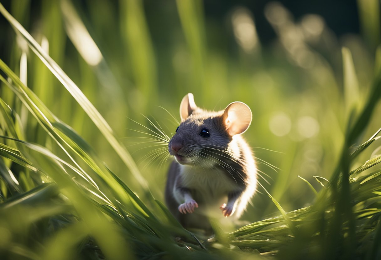 A mouse scurries through a field of tall grass, its whiskers twitching as it sniffs the air. Sunlight filters through the leaves, casting dappled shadows on the ground