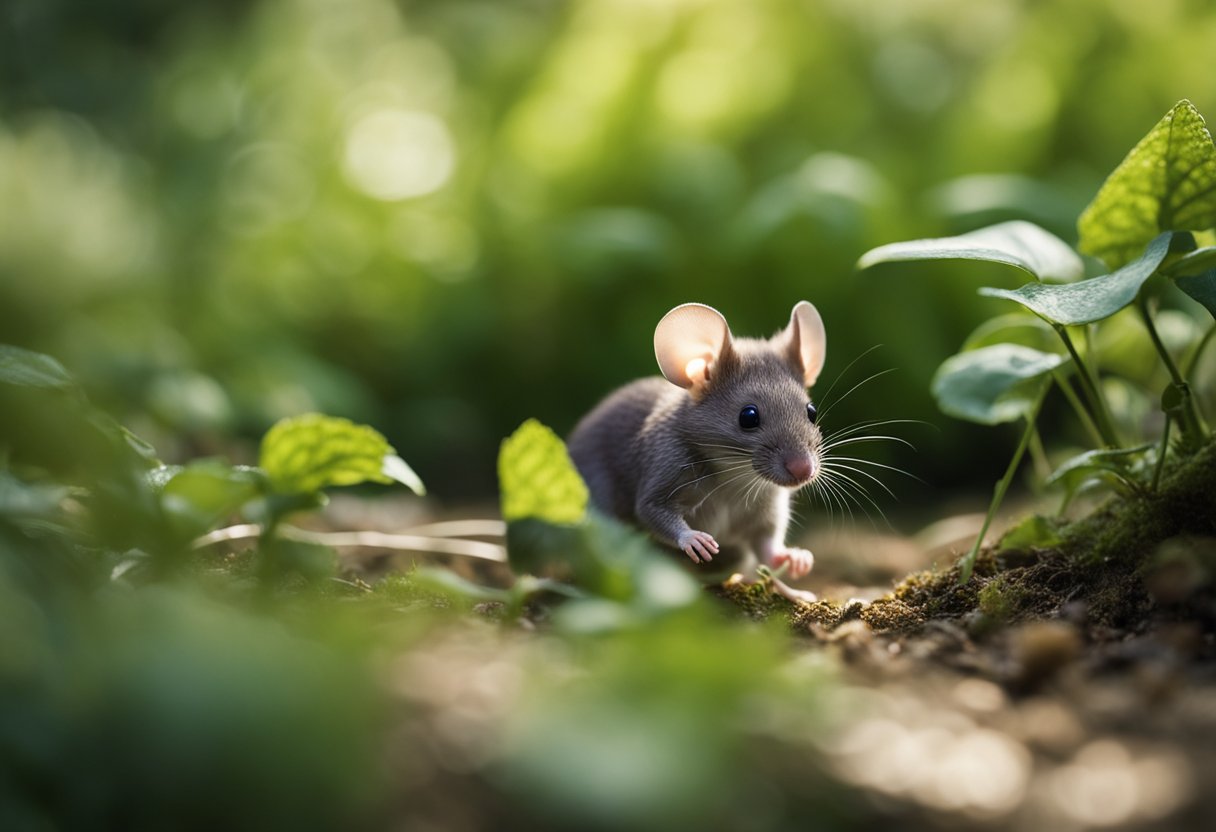 A mouse scurries through a lush green forest, pausing to nibble on a seed. Its small, delicate body moves with agility and curiosity, blending seamlessly into its natural habitat