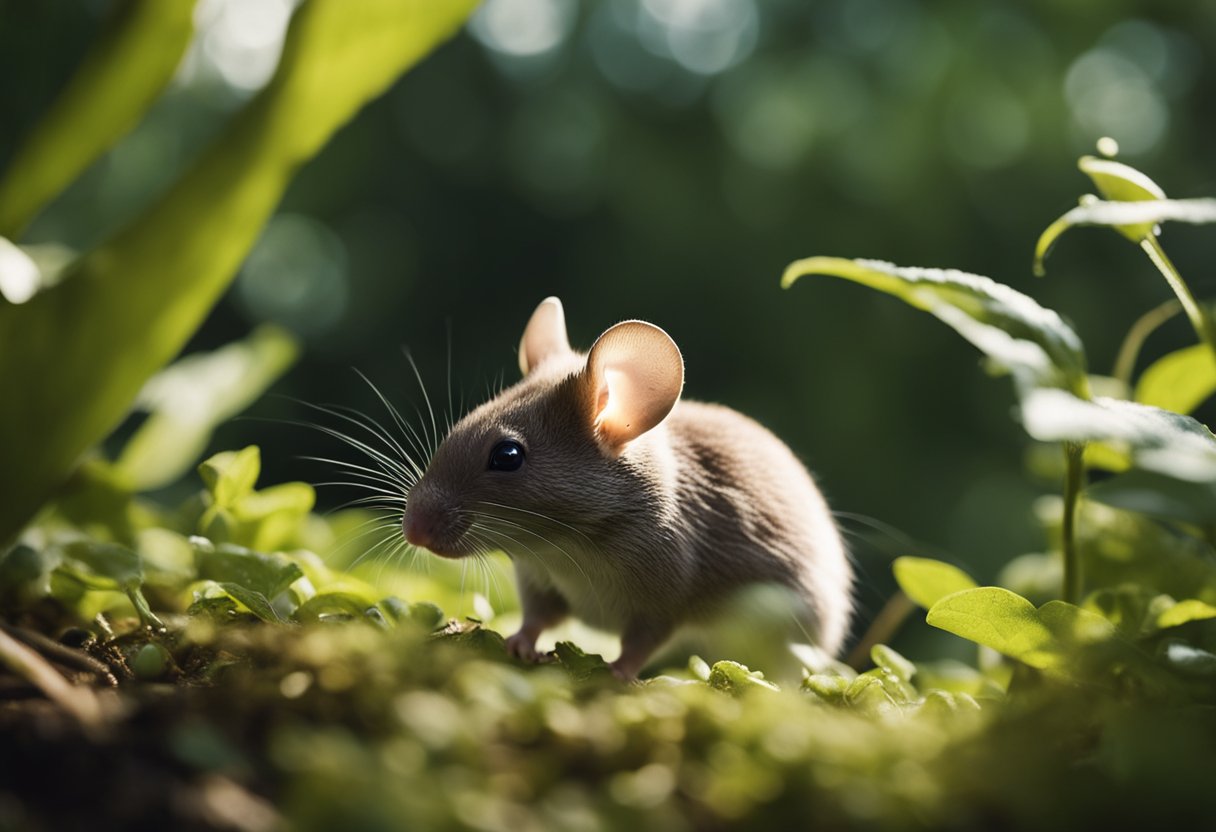 A mouse scurries through a lush ecosystem, foraging for food and navigating through the underbrush