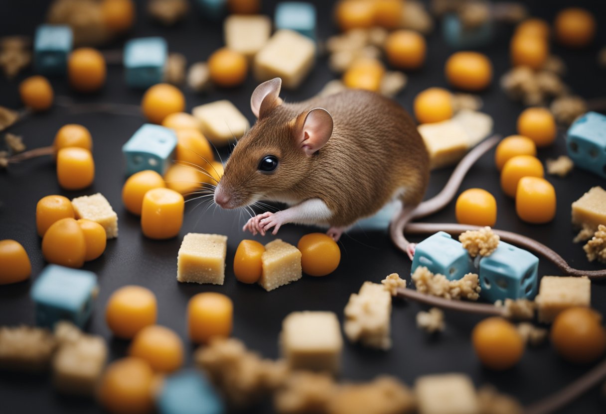 A mouse is being caught in a trap near a pile of food