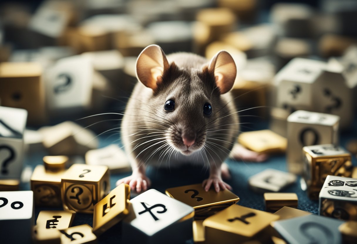 A mouse surrounded by question marks and information symbols