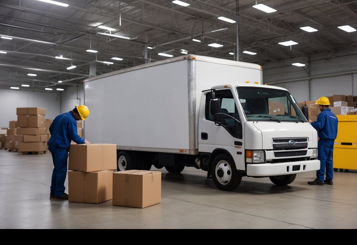 A delivery truck unloads used office furniture at a warehouse. Workers inspect and catalog the items before placing them in storage