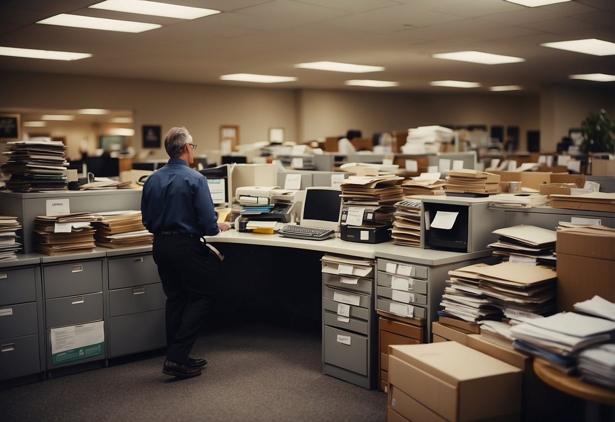 A busy office with stacks of used furniture, a sign reading "Frequently Asked Questions," and customers browsing the selection