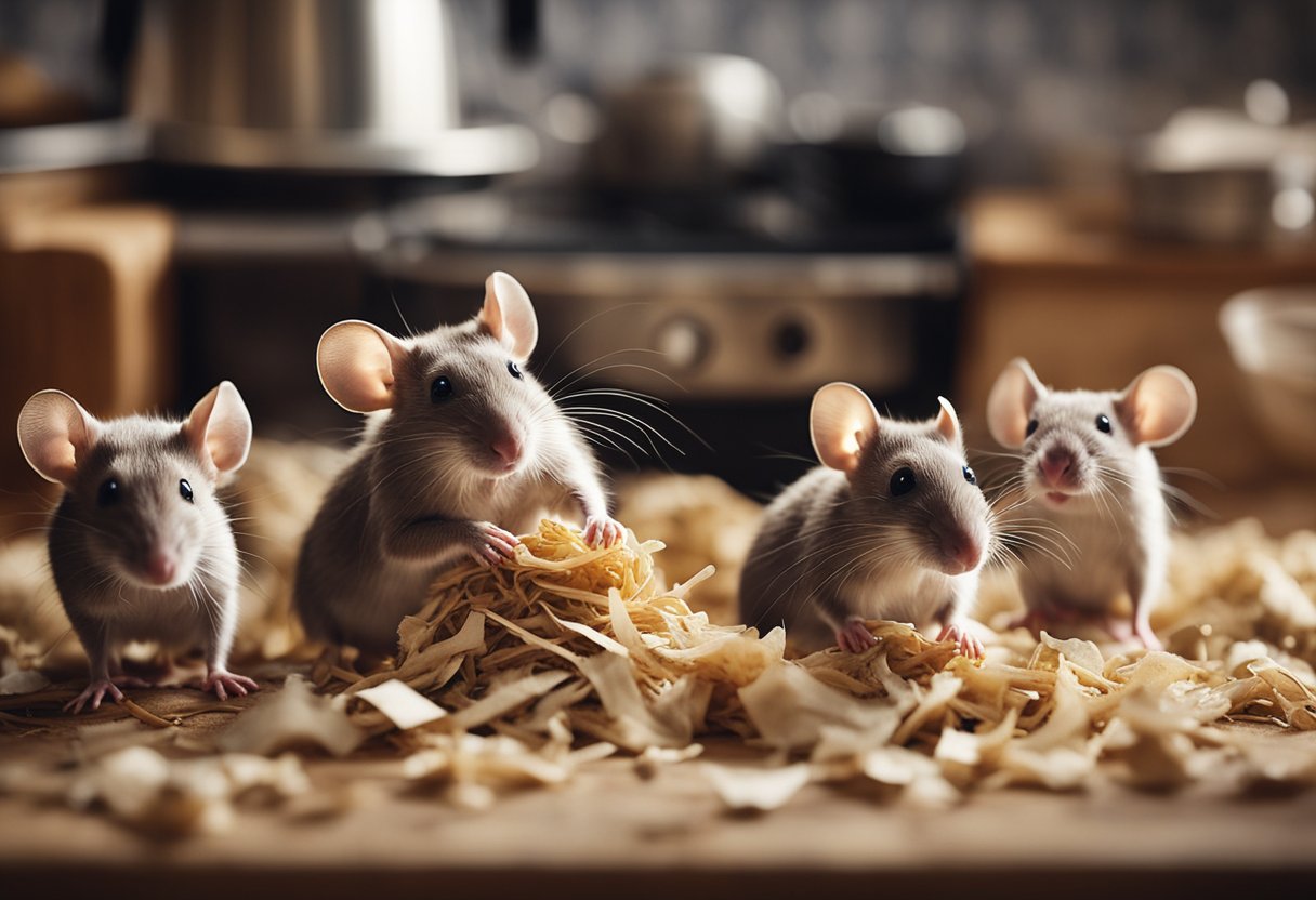 Mice scurrying through a cluttered kitchen, nibbling on crumbs and darting under cabinets. A family of mice huddled together in a cozy nest made of shredded paper and fabric