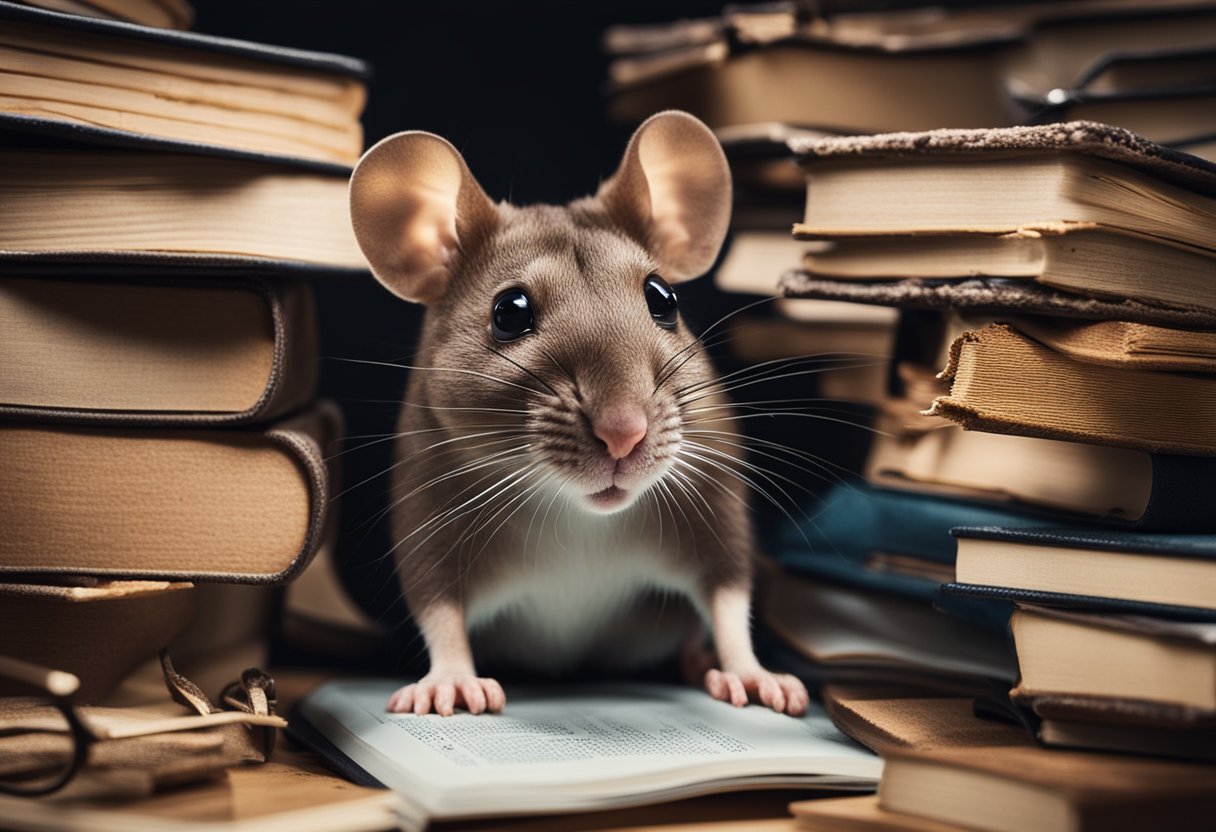 A mouse exploring a cluttered desk, surrounded by books and papers, with a curious expression on its face