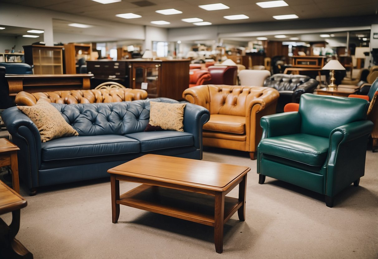 Various donated furniture fills a charity shop, including sofas, chairs, and tables. The collection features a mix of styles and conditions, from vintage to modern