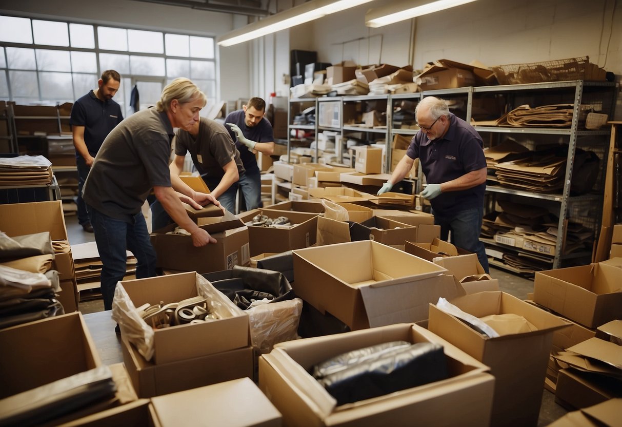 Customers donate used furniture to charity shop. Staff organize items in a large storage area. Volunteers sort and clean pieces for resale