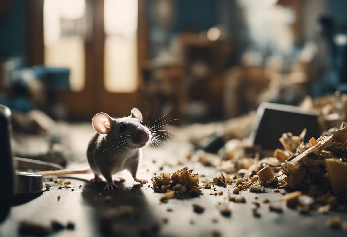 A mouse in a house, scurrying through a cluttered room with scattered crumbs and gnawed-on objects