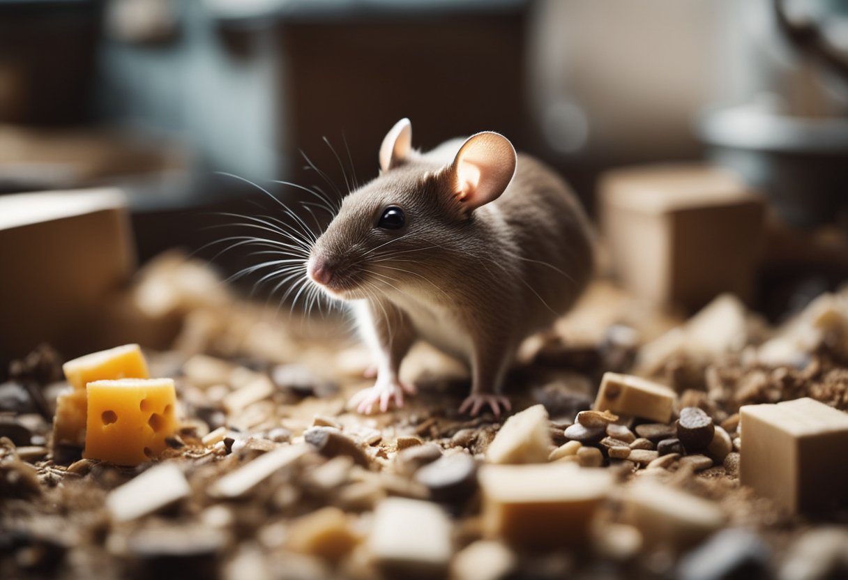 A mouse scurries through a cluttered house, dodging traps and searching for food