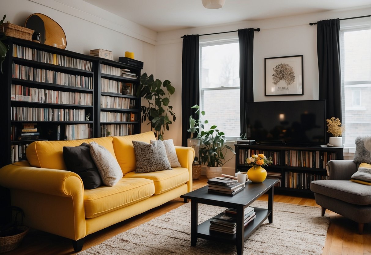 A cozy living room with a bright yellow Ektorp sofa, a black-brown Lack coffee table, and a Billy bookcase filled with VHS tapes and vinyl records
