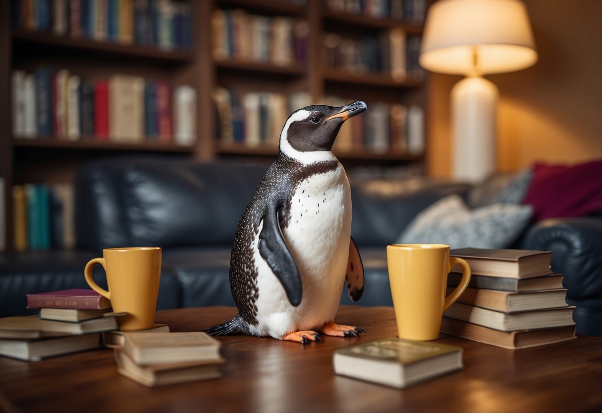 A penguin sits on a cozy sofa next to a wooden coffee table, surrounded by colorful bean bag chairs and a bookshelf filled with books