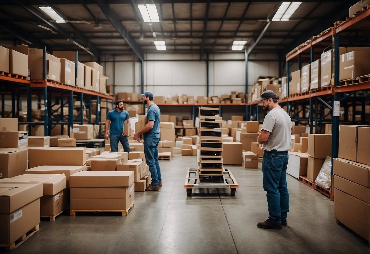A warehouse filled with rows of used furniture, with workers inspecting and cataloging items for resale. Trucks loading and unloading furniture
