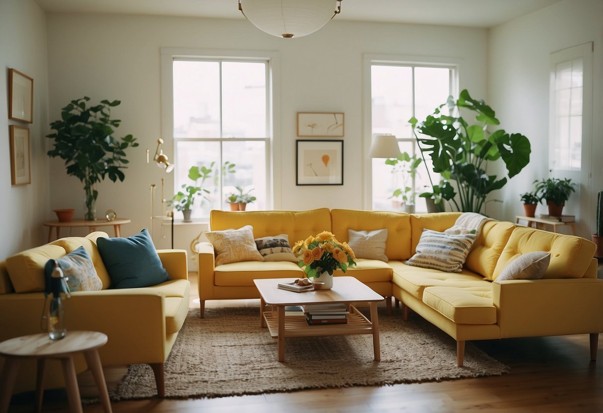 An array of 1980s IKEA furniture pieces, including simple, clean-lined sofas, tables, and chairs, arranged in a brightly lit, modern living room setting