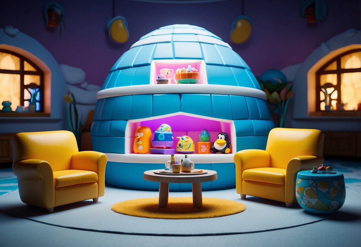 An igloo filled with colorful furniture and decor, showcasing various club penguin furniture codes