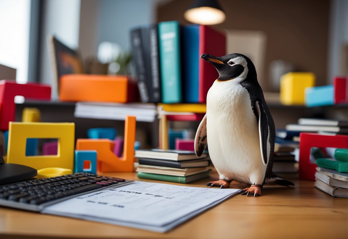 A penguin browsing through a list of furniture codes with a computer open, surrounded by colorful and playful furniture items