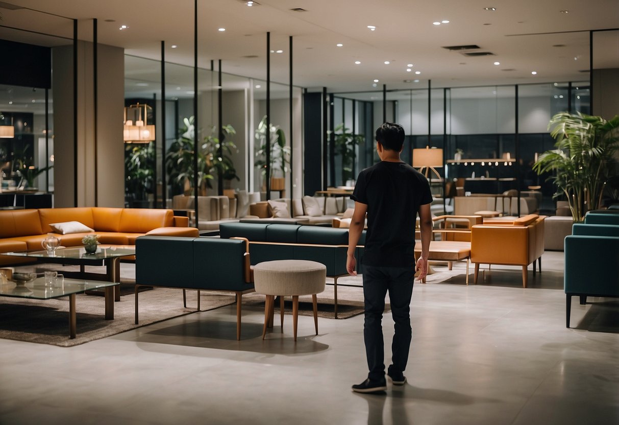 A customer browsing through a showroom of modern furniture in Singapore