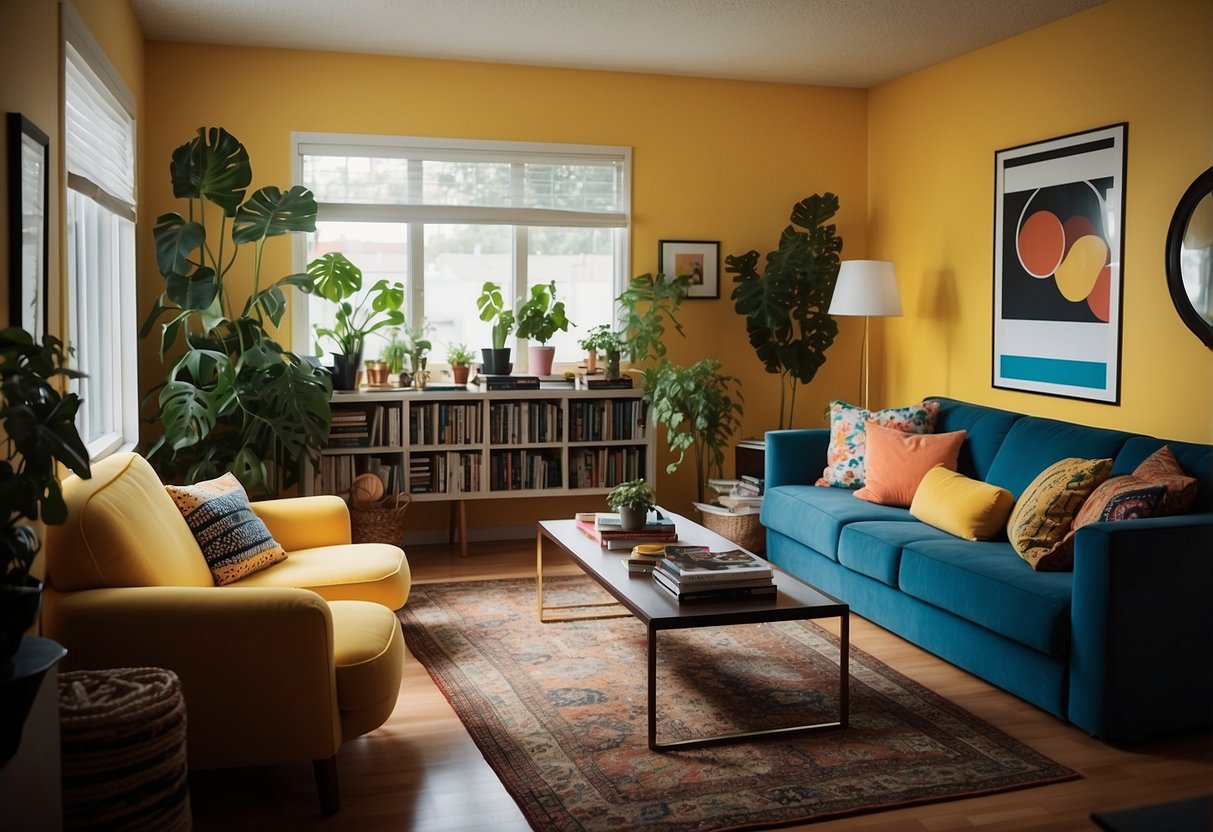 A living room with iconic 1980s Ikea furniture, bright colors, and clean lines. Posters of pop culture icons adorn the walls, creating a vibrant and youthful atmosphere