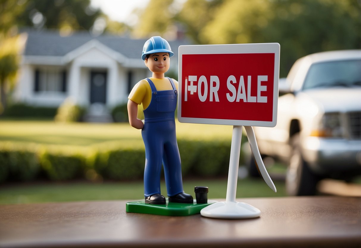 A person placing a "For Sale" sign on a table outside a home, with a moving truck in the background