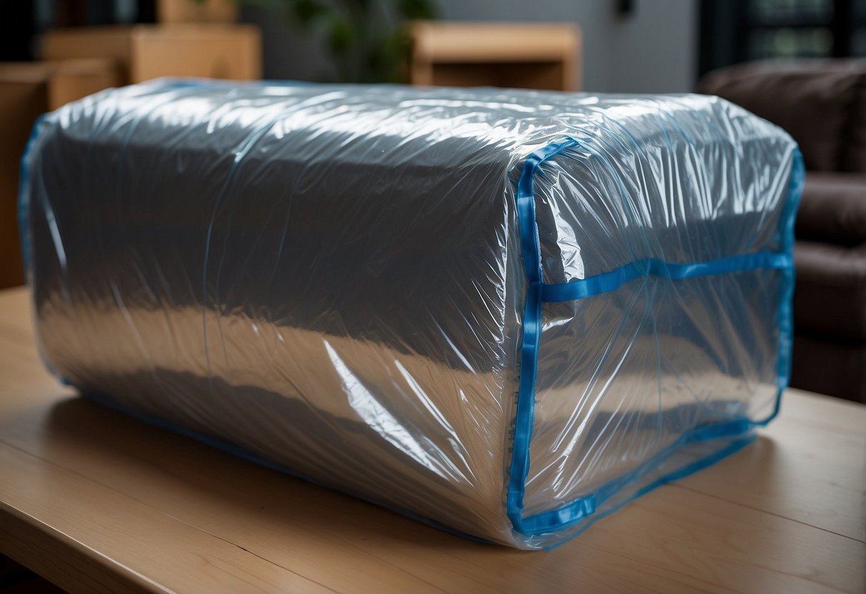 Furniture wrapped in clear cling wrap for protection