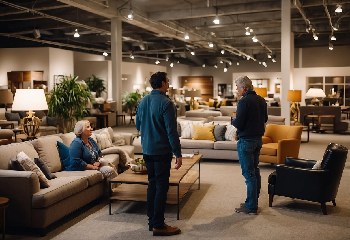 Customers browsing through a variety of pre-owned furniture in a spacious showroom filled with sofas, tables, and chairs. Staff members assisting with inquiries and purchases