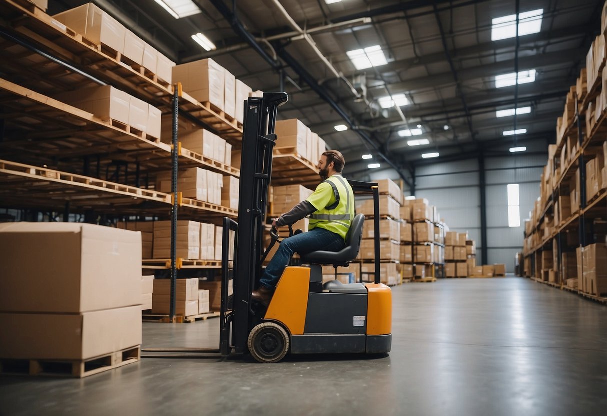 A warehouse filled with rows of wooden furniture, shelves stacked with chairs and tables, with workers moving items on forklifts