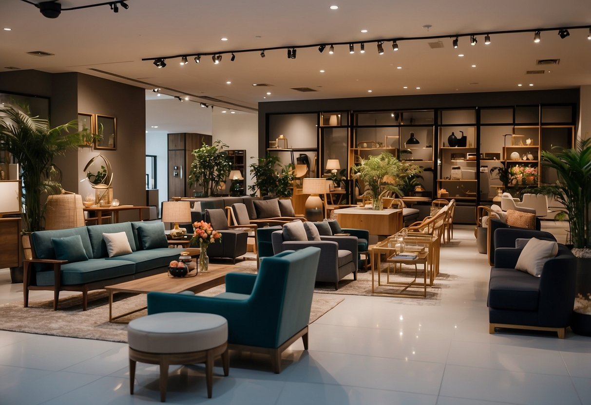 A person browsing through a variety of furniture options in a showroom in Singapore. The showroom is filled with different styles and designs of furniture, from modern to traditional