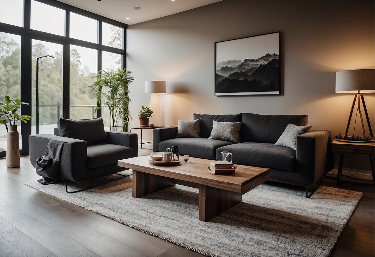 A cozy living room with a modern Harvey Norman furniture set, including a plush sofa, sleek coffee table, and stylish entertainment unit
