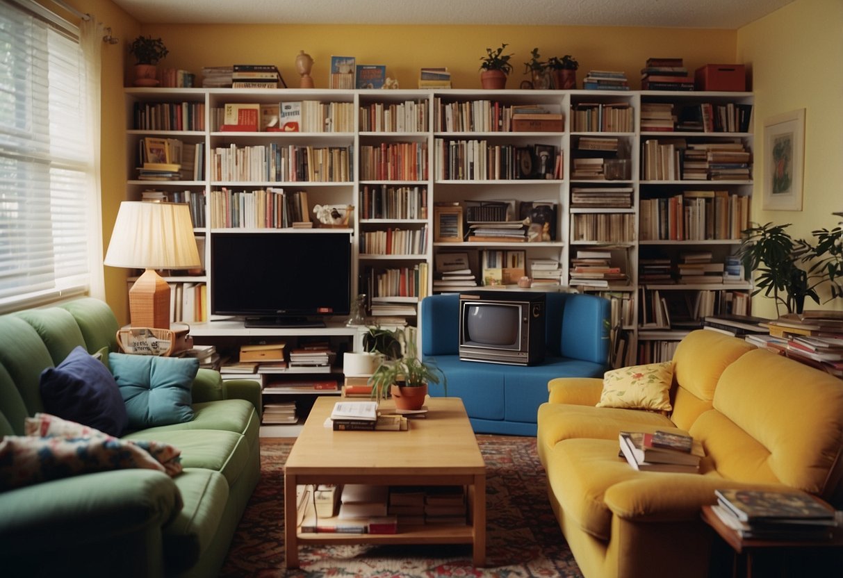 A cluttered 1980s living room with colorful IKEA furniture and shelves filled with FAQs pamphlets