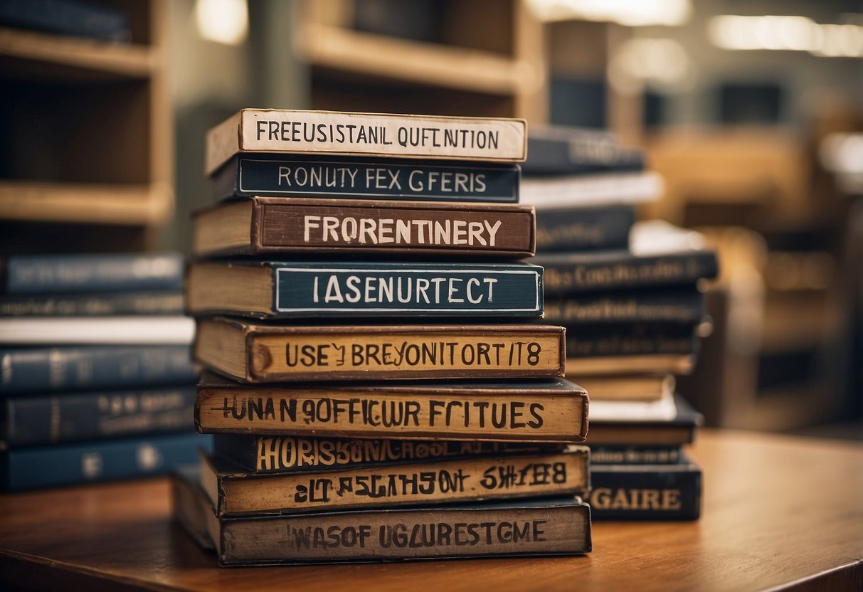 A stack of used furniture with a "Frequently Asked Questions" sign. A company representative assists a customer