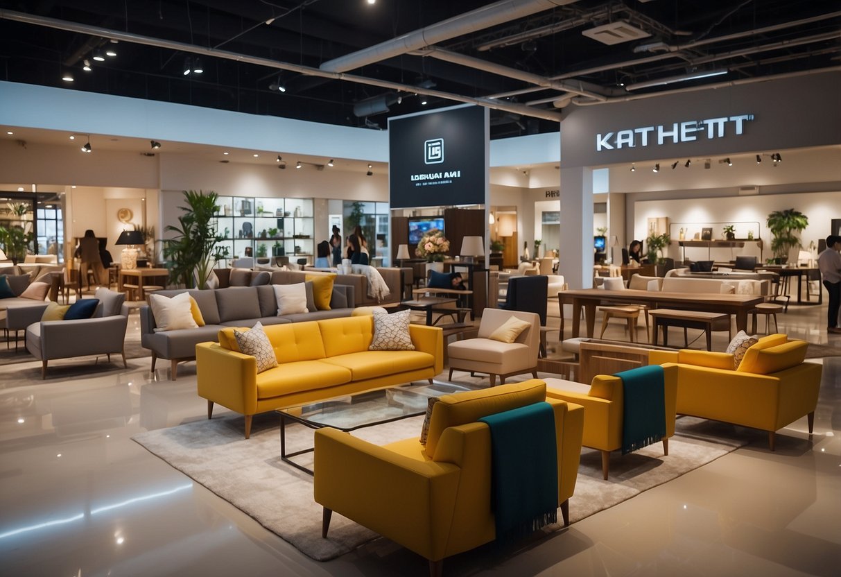 Customers browsing furniture displays in Kaki Bukit stores. Brightly lit showroom with various styles and designs. Furniture arranged neatly for easy viewing