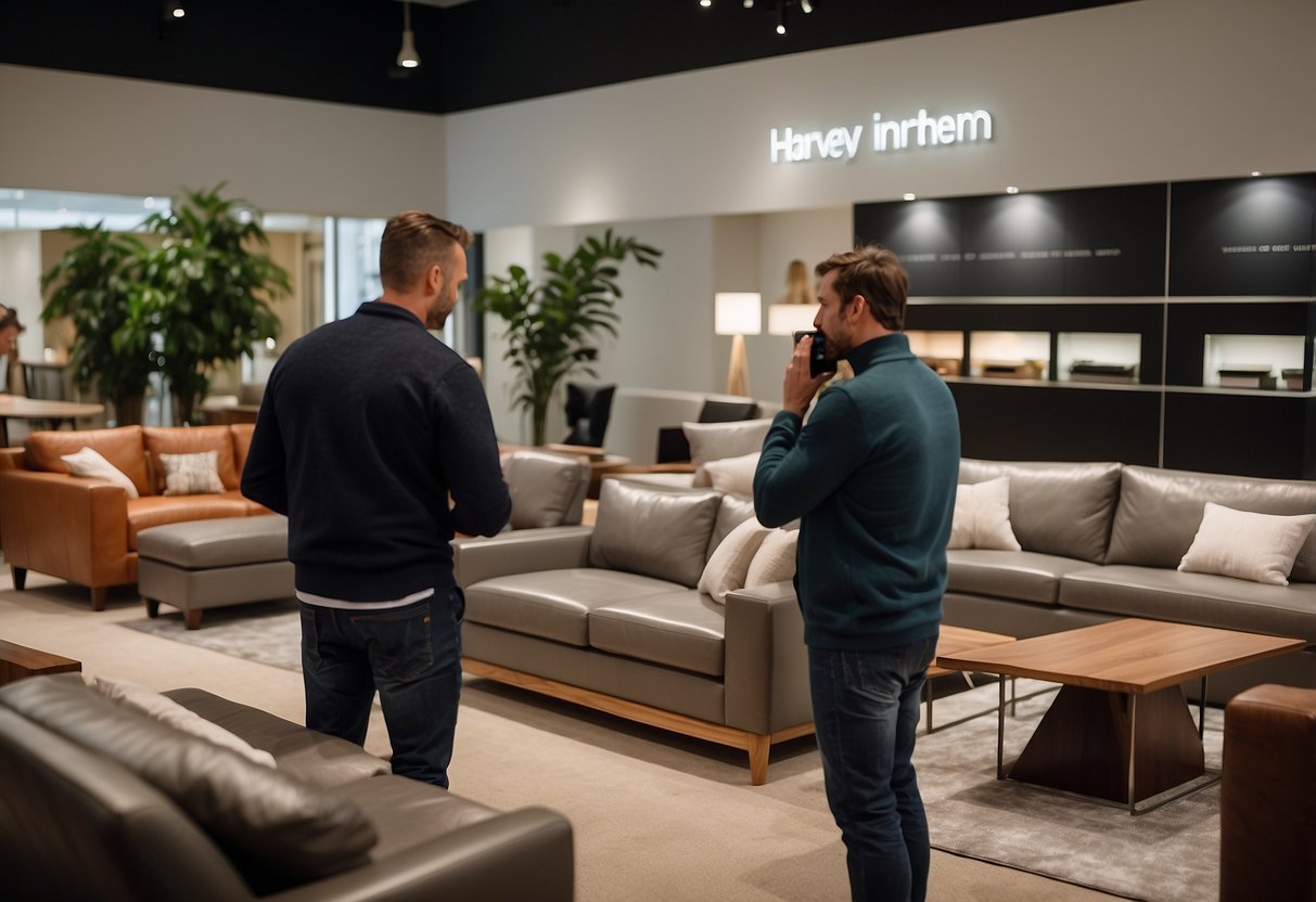 Customers browsing through Harvey Norman's wide furniture range, admiring the stylish designs and luxurious finishes