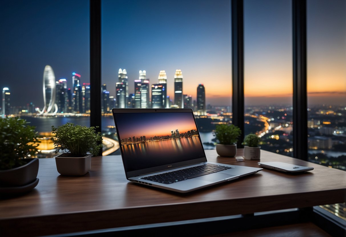 A laptop displaying a variety of furniture options on a modern website, with a Singapore skyline in the background