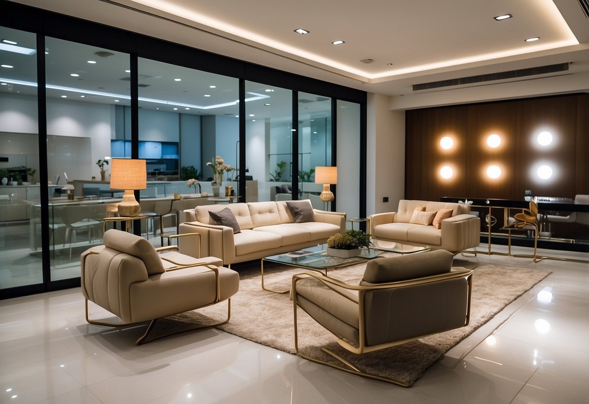 A spacious showroom with modern furniture displays at OM Furniture, 15 Tai Seng Drive. Bright lighting and clean lines create a sleek and inviting atmosphere