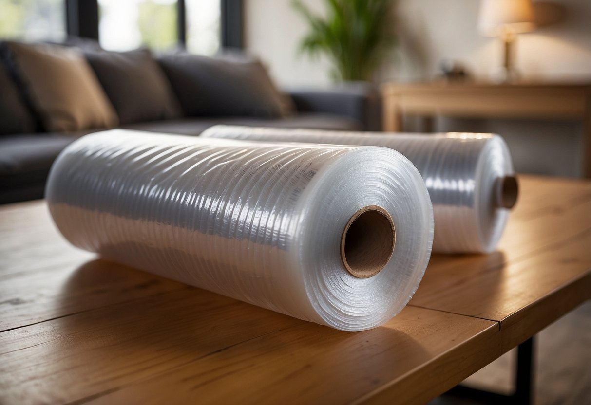A roll of cling wrap is being used to cover a wooden table and chairs, with the packaging prominently displaying "Frequently Asked Questions" about the product