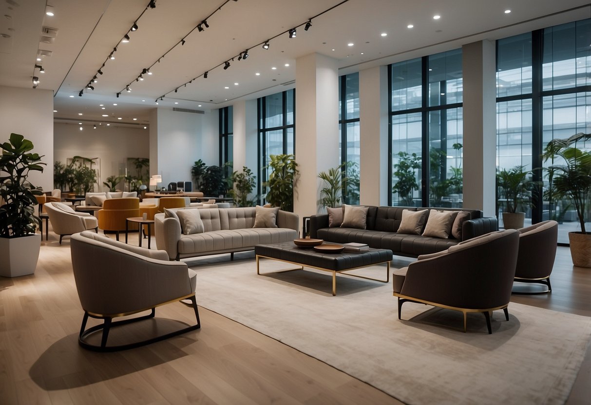 A modern, spacious showroom at Furniture 15 Tai Seng Drive, with sleek, stylish furniture arranged in an inviting and aesthetically pleasing display