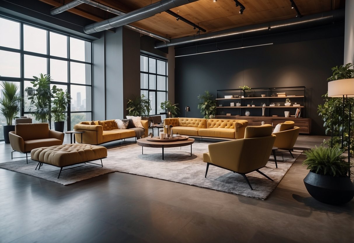 A spacious showroom displays modern furniture collections in various styles and colors, with natural lighting and clean, minimalist decor