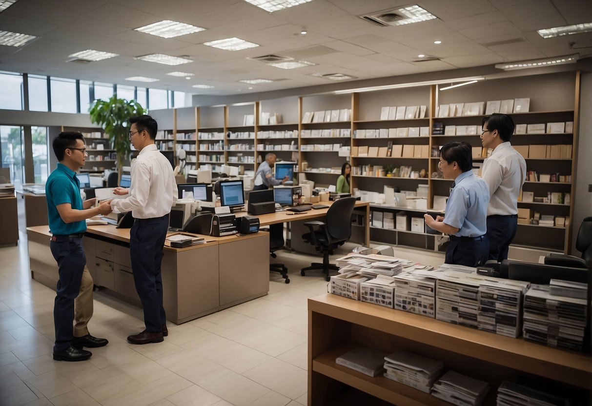 A busy office with people asking questions about furniture at 15 Tai Seng Drive. Shelves of catalogs and samples line the walls, while employees assist customers at the front desk