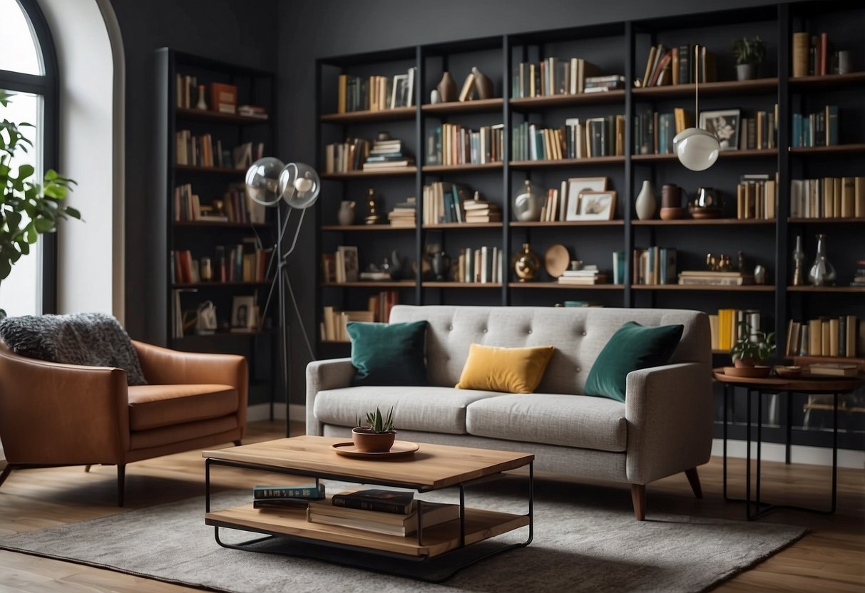 A living room with a cozy sofa, a sleek coffee table, and a stylish armchair surrounded by shelves filled with books and decorative items