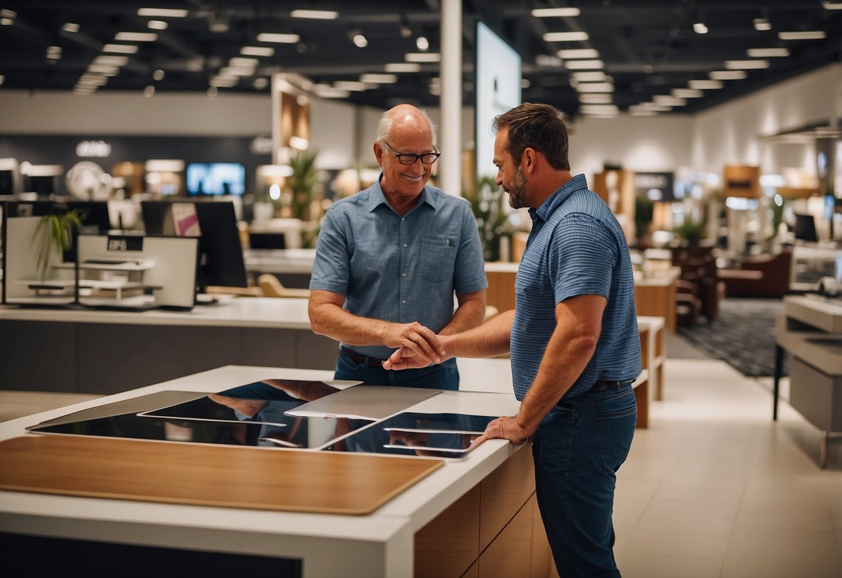 A customer browsing through a variety of furniture items at a Harvey Norman store, with a helpful sales representative assisting them with their inquiries