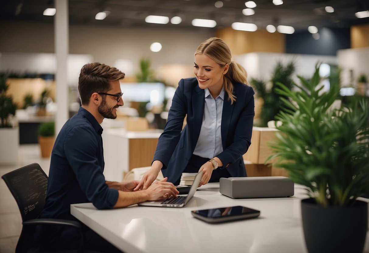 A customer service representative assists a customer at a modern furniture store