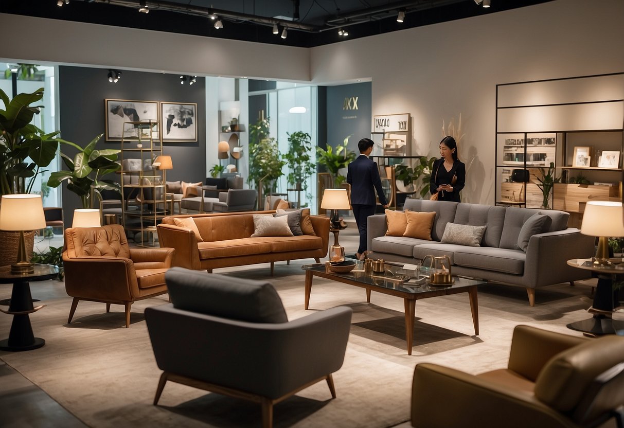 Customers browsing furniture in a modern Singapore showroom. Labels and signs indicate "Frequently Asked Questions" for easy reference
