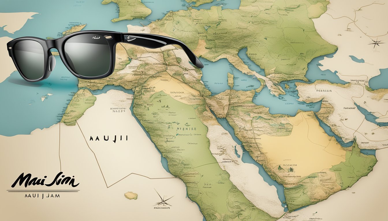 Maui Jim's logo and branding displayed with a map of Palestine in the background, symbolizing support for the region