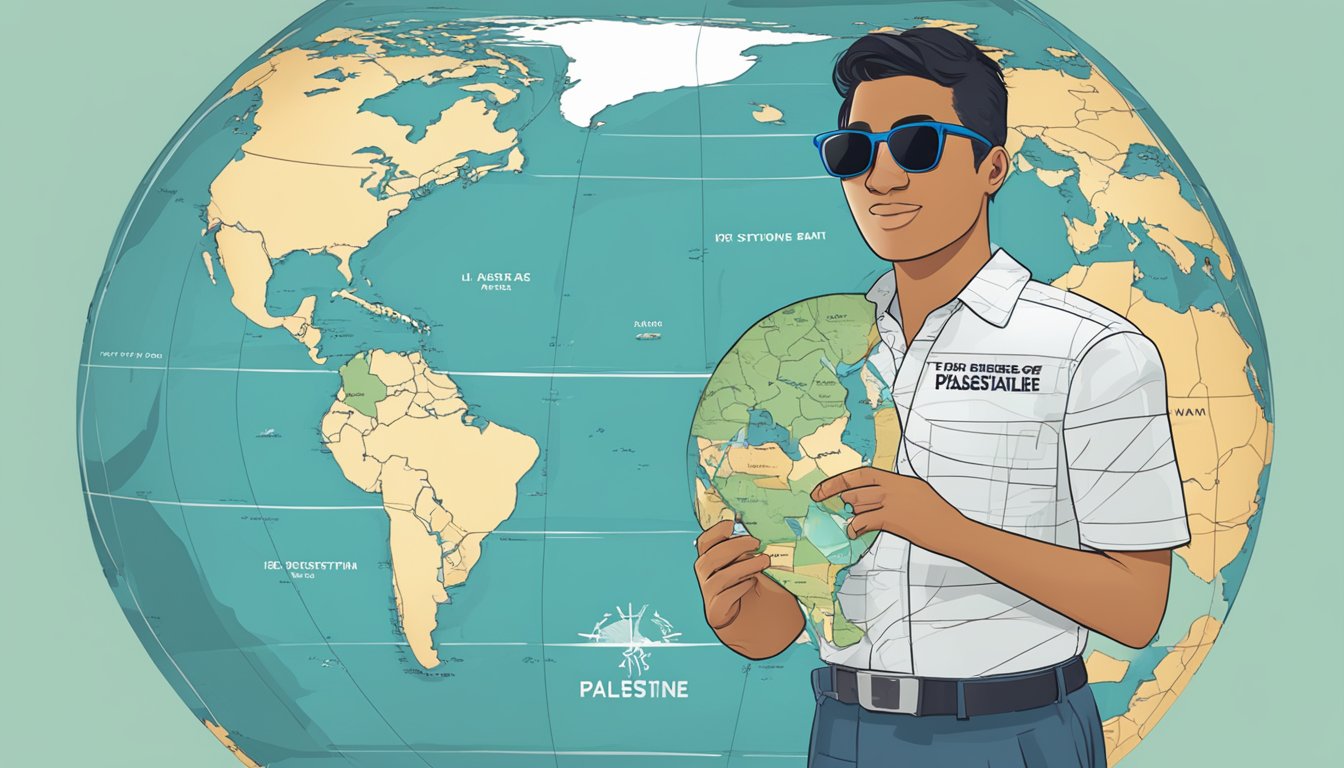 A person wearing Maui Jim sunglasses stands in front of a world map, with a focus on the Middle East region. The map shows the borders of Palestine, and the person is holding a sign with a message related to supporting Palestine