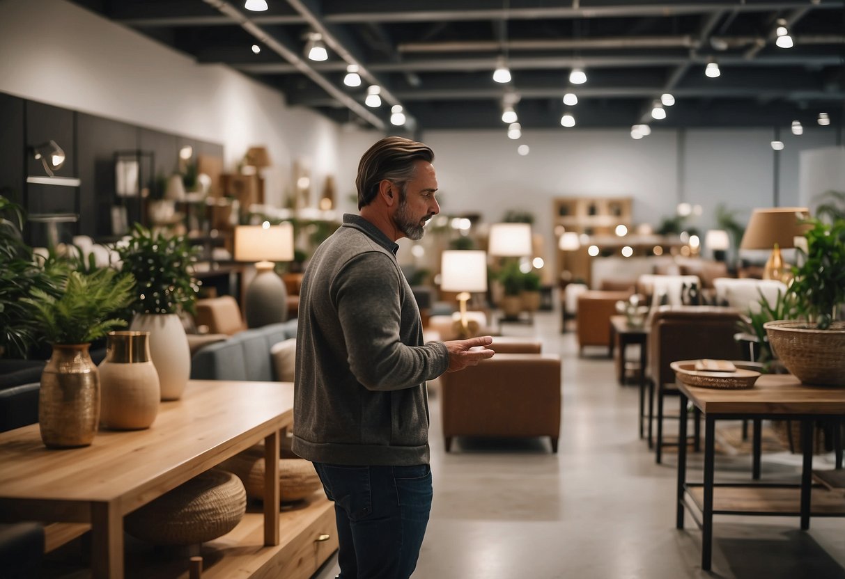 A customer browsing through a variety of furniture items in a well-lit and organized showroom at a mart