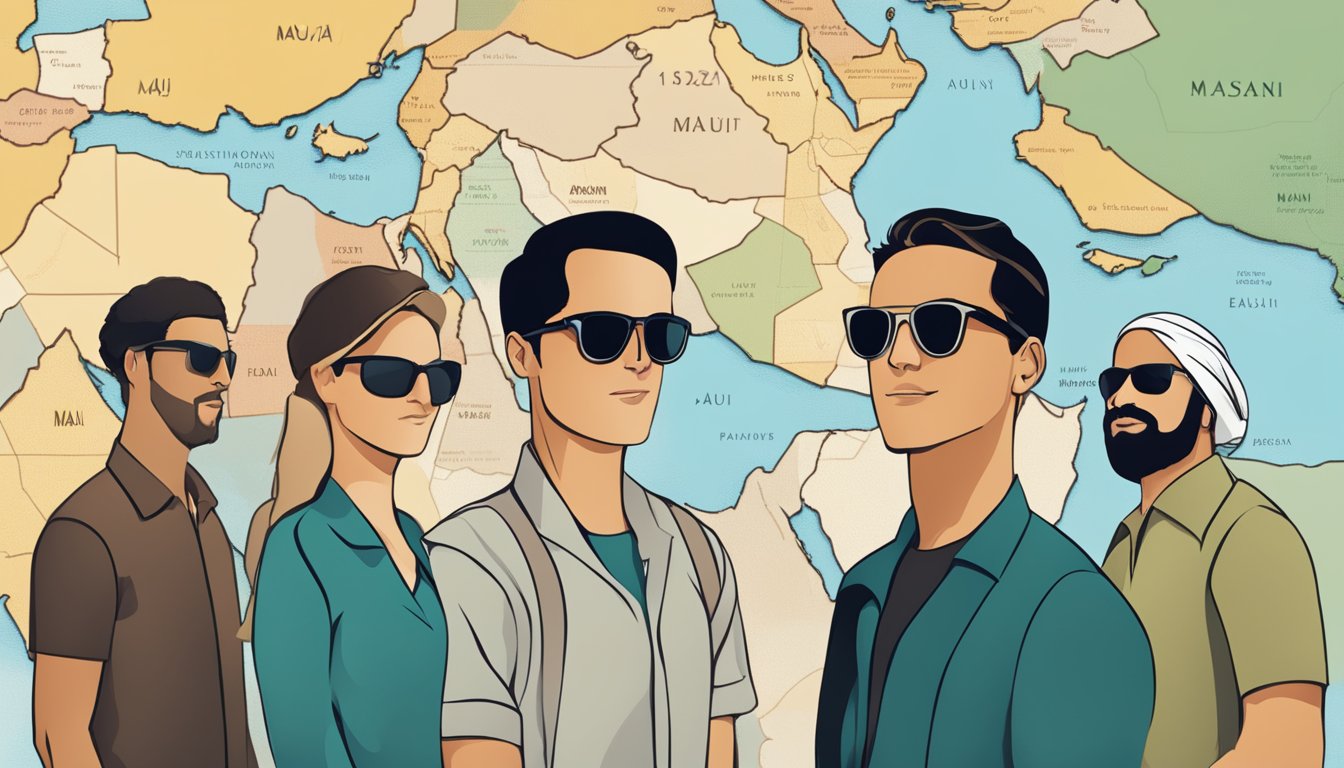 A group of people wearing Maui Jim sunglasses stand in front of a map of the Middle East, with a question mark hovering over Palestine