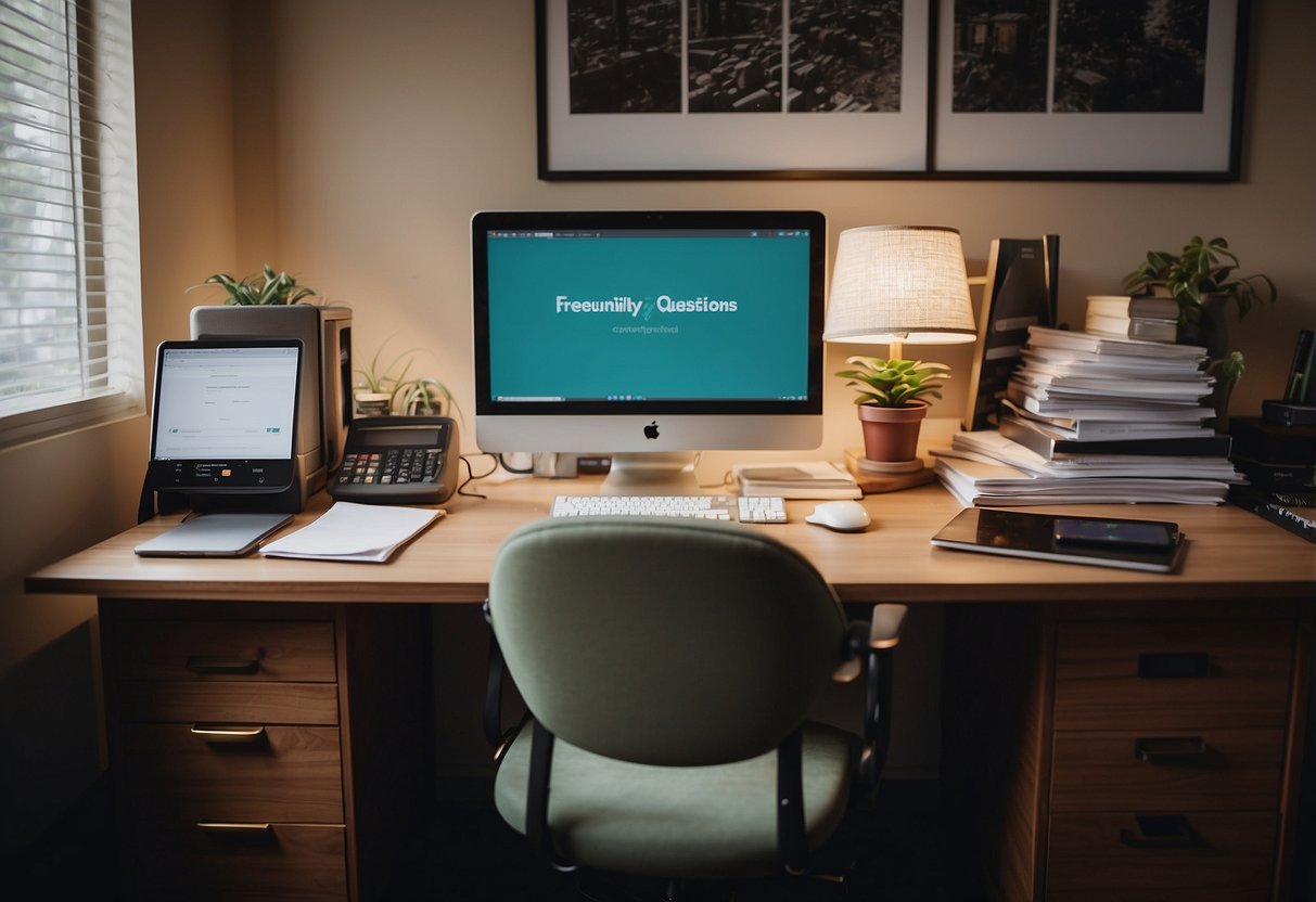 A cluttered office desk with a laptop, phone, and papers. A sign on the wall reads "Frequently Asked Questions kaki bukit furniture."